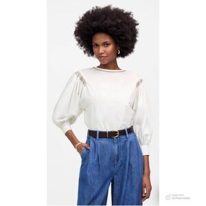 Madewell Embroidered Poplin Balloon Sleeve Top Size XS White & Brown NWT Cotton